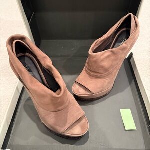 Elizabeth and James Brown Suede Peep-Toe Wedge Heels